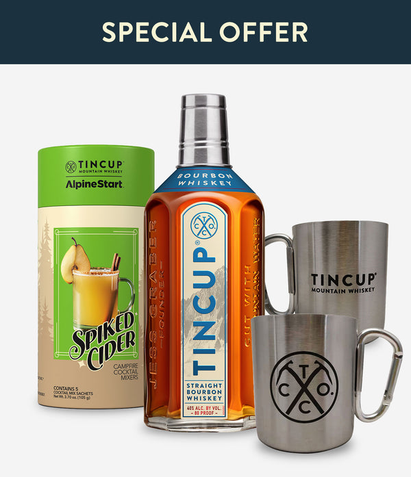 TINCUP® Autumn Nights Bundle: TINCUP® Bourbon bottle, Instant Cocktail Mixer, and 2x Carabiner Mug.